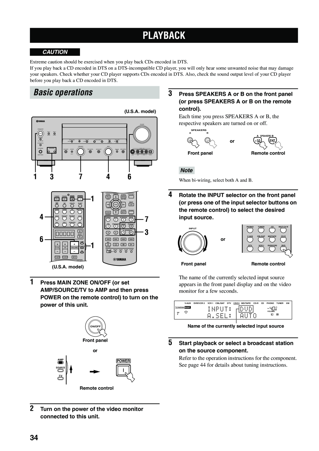 Yamaha HTR-5990 owner manual Playback, Basic operations, Input, A.Sel, Auto 