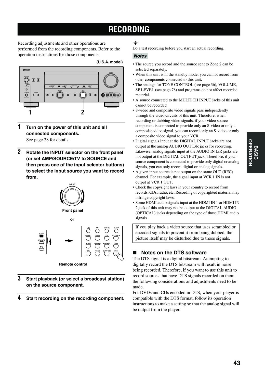 Yamaha HTR-5990 owner manual Recording, Notes on the DTS software 