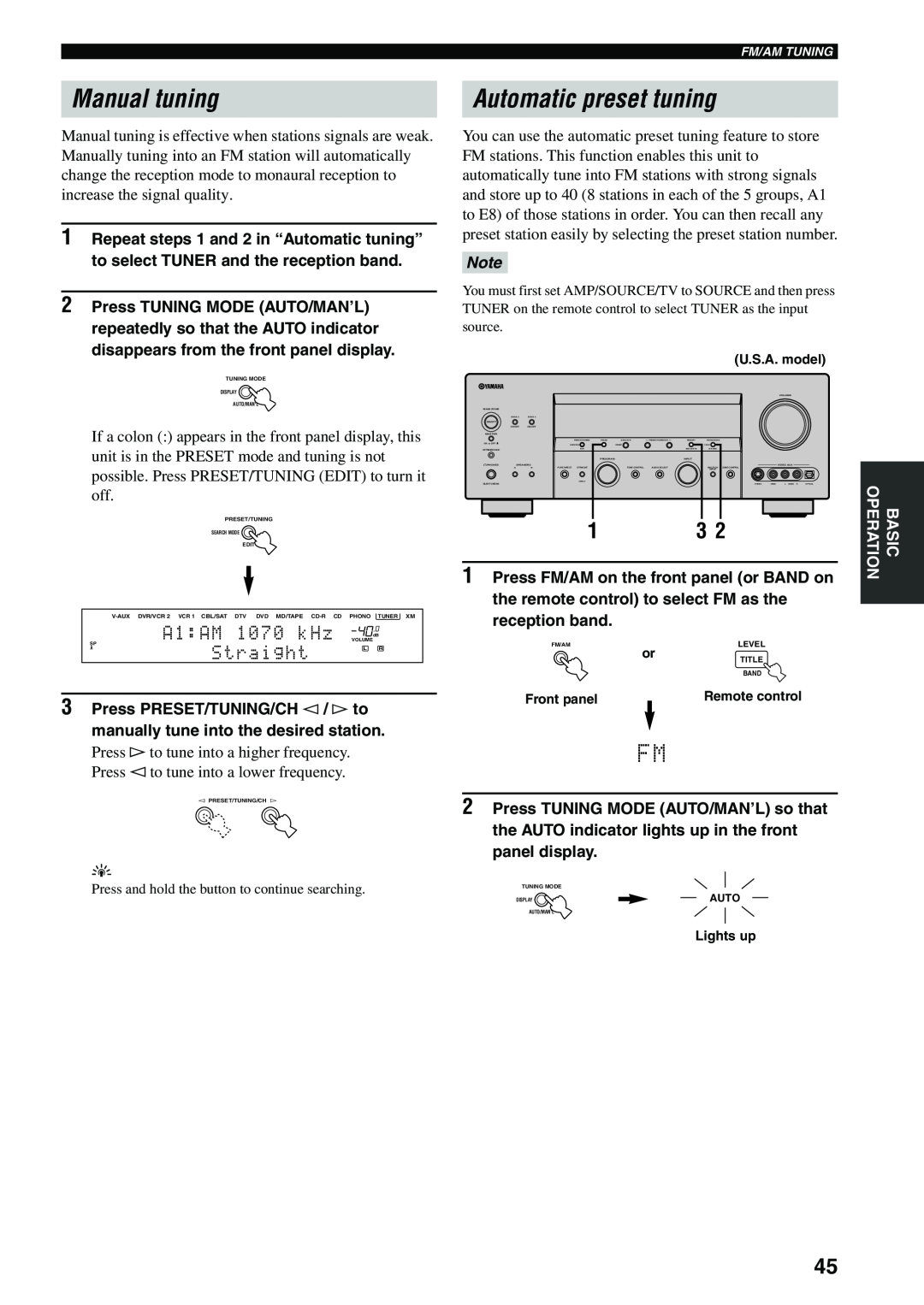 Yamaha HTR-5990 owner manual Manual tuning, Automatic preset tuning, A1:AM 1070 kHz, Straight 