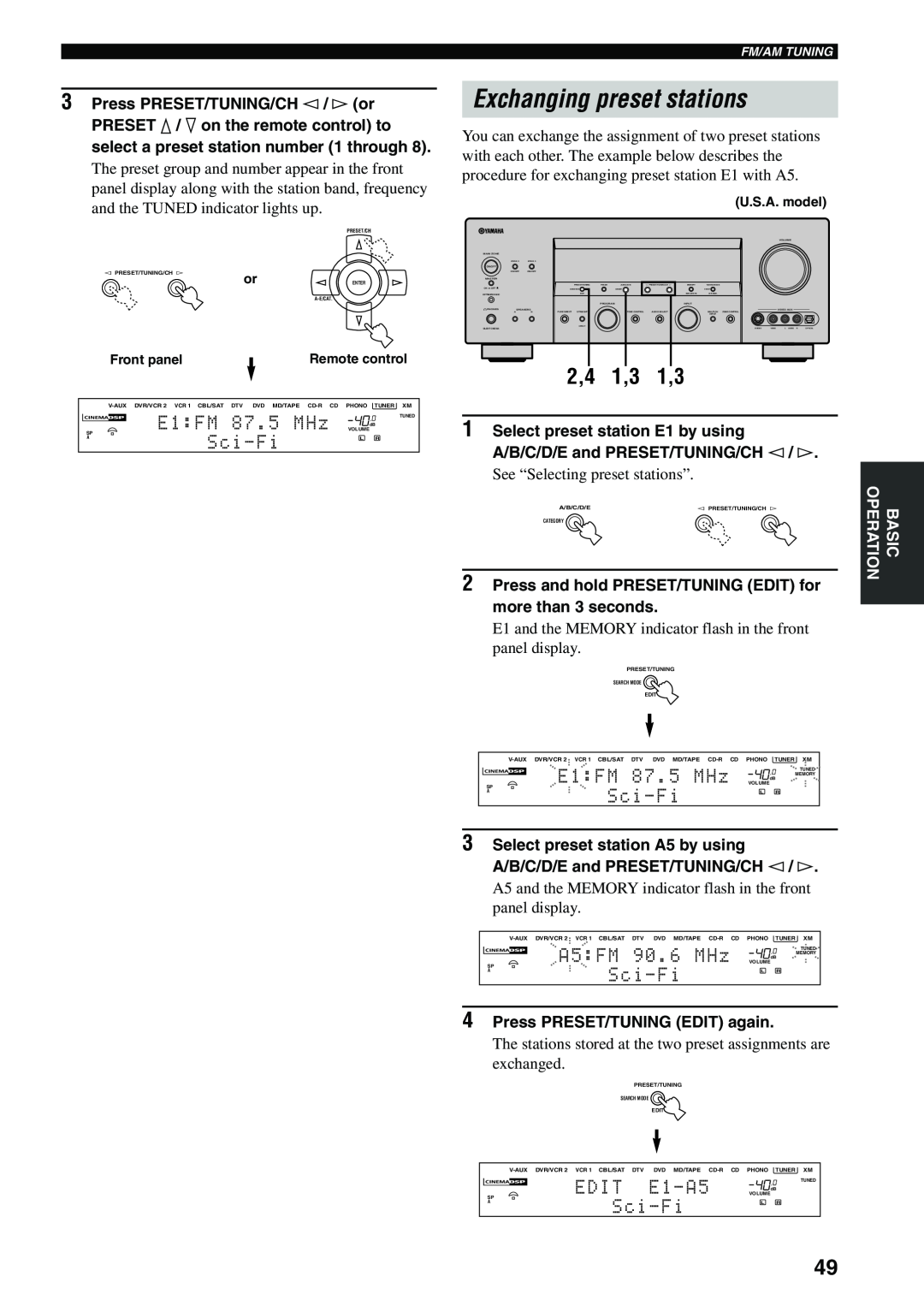 Yamaha HTR-5990 owner manual Exchanging preset stations, 2,4 1,3 1,3, E1:FM, A5:FM, Edit, E1-A5, Sci-Fi 