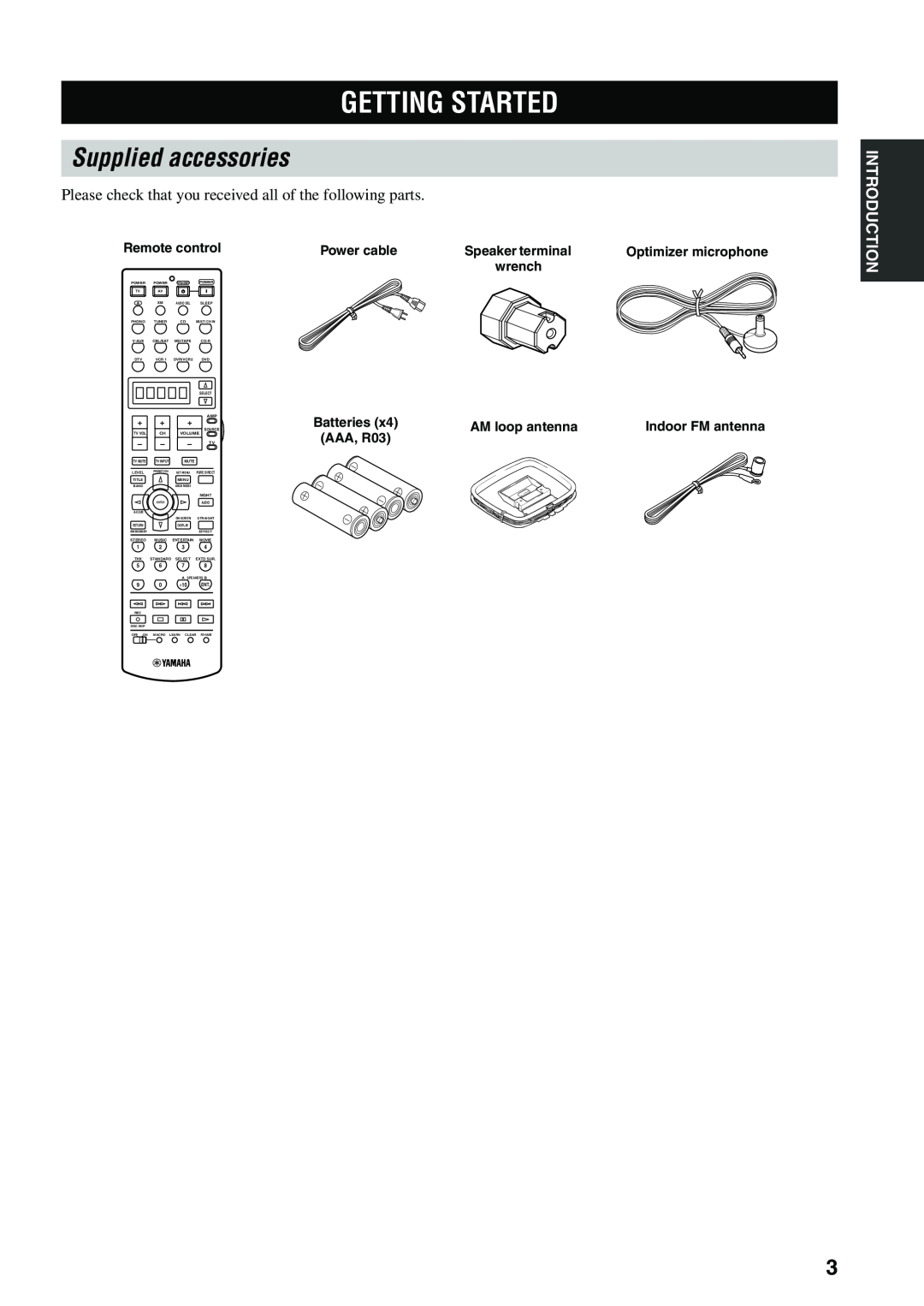 Yamaha HTR-5990 owner manual Getting Started, Supplied accessories 