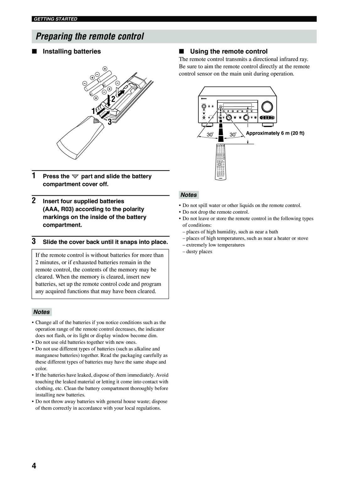 Yamaha HTR-5990 owner manual Preparing the remote control, Installing batteries, Using the remote control, Notes 