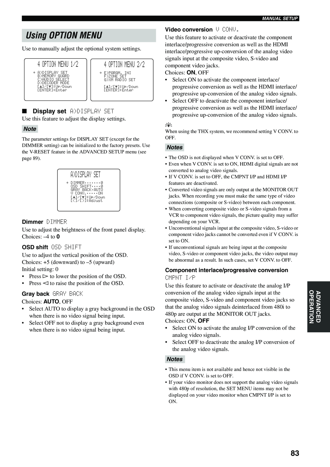 Yamaha HTR-5990 owner manual Using OPTION MENU, Adisplay Set, OPTION MENU 1/2, Notes 