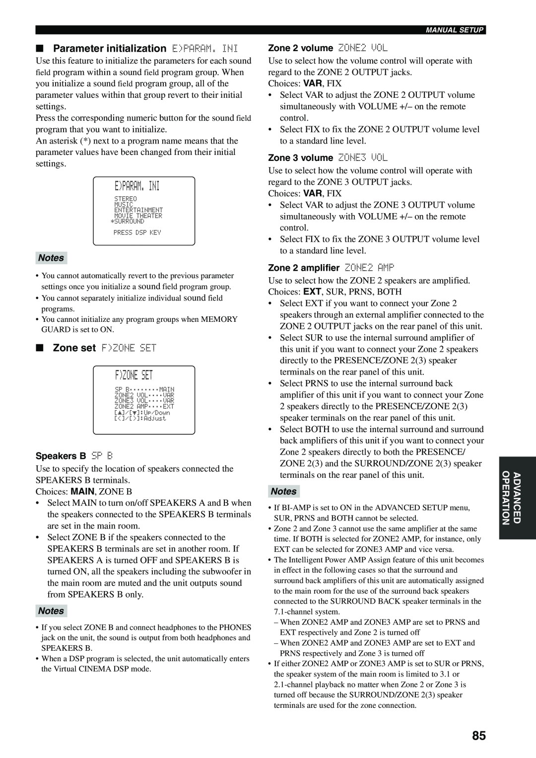 Yamaha HTR-5990 owner manual Eparam. Ini, Fzone Set, Parameter initialization EPARAM. INI, Notes 