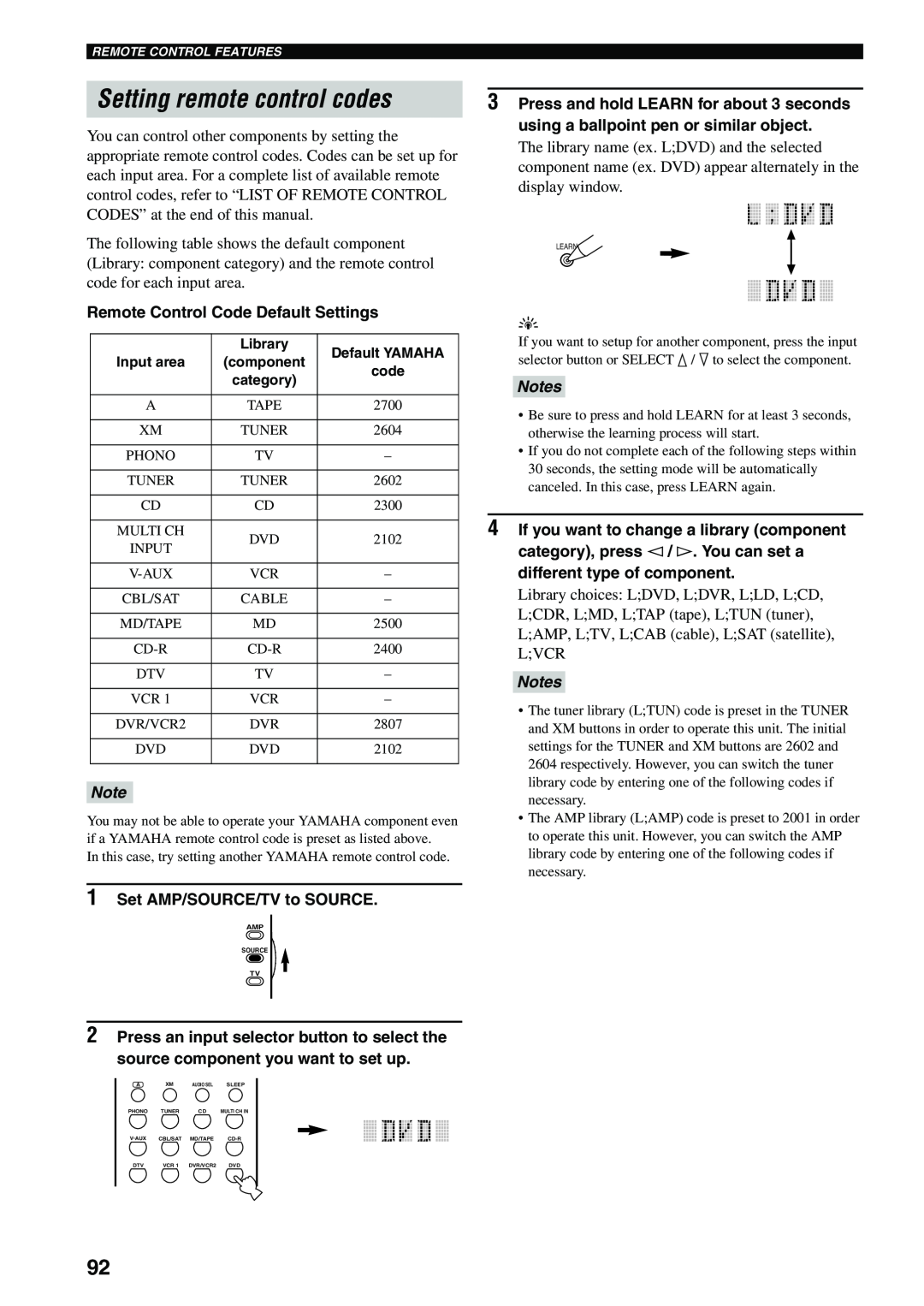Yamaha HTR-5990 owner manual Setting remote control codes, Notes 