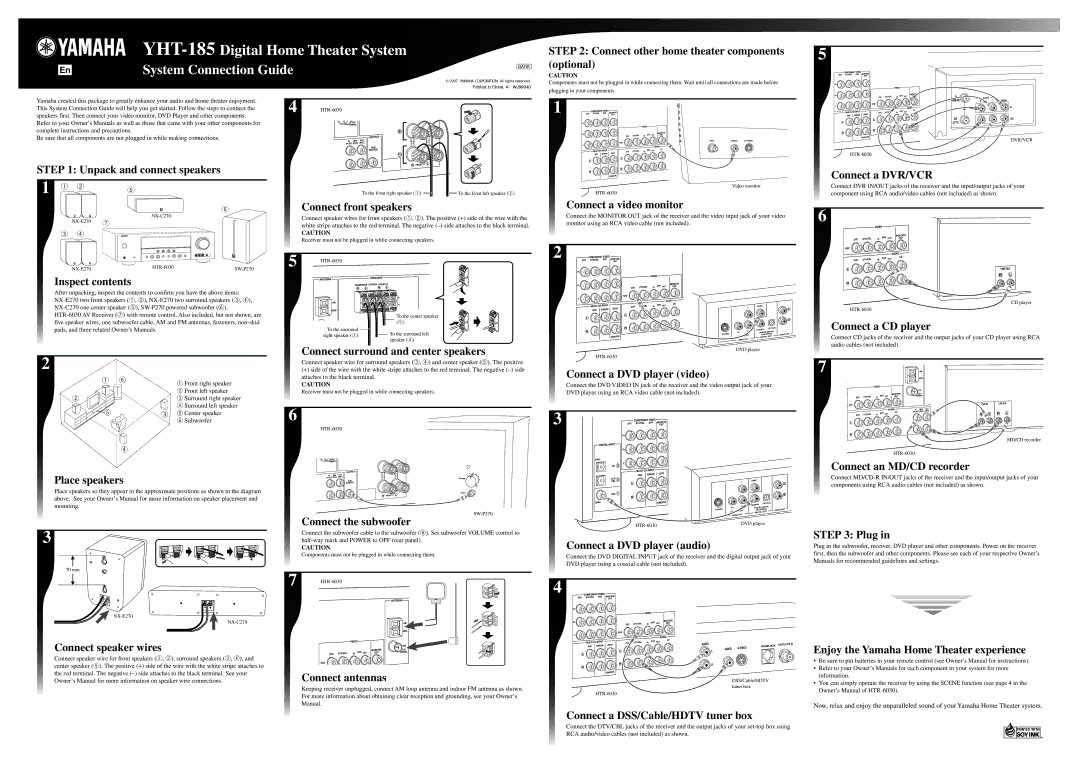 Yamaha Yamaha Home Theater owner manual Connect other home theater components optional, Unpack and connect speakers, Plug 