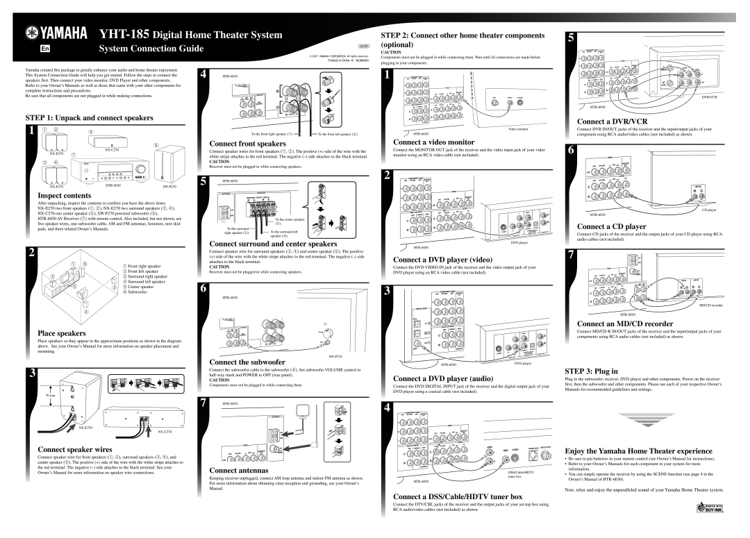 Yamaha Yamaha Home Theater, HTR-6030 owner manual YHT-185 Digital Home Theater System, System Connection Guide 