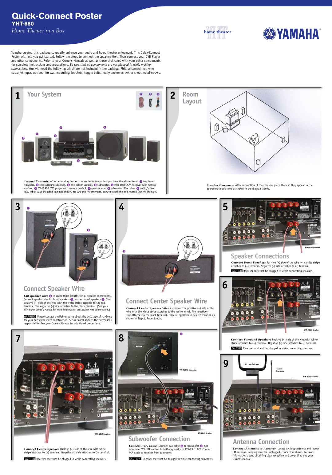 Yamaha HTR-6040 owner manual Your System RoomLayout, Connect Speaker Wire, Subwoofer Connection, Speaker Connections 