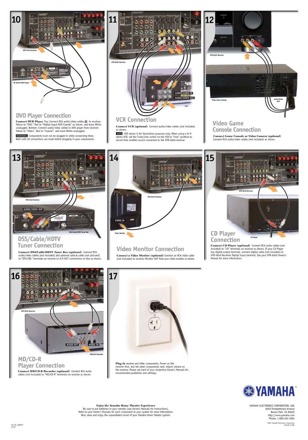 Yamaha HTR-6040 DVD Player Connection, VCR Connection, Video Game Console Connection, DSS/Cable/HDTV Tuner Connection 