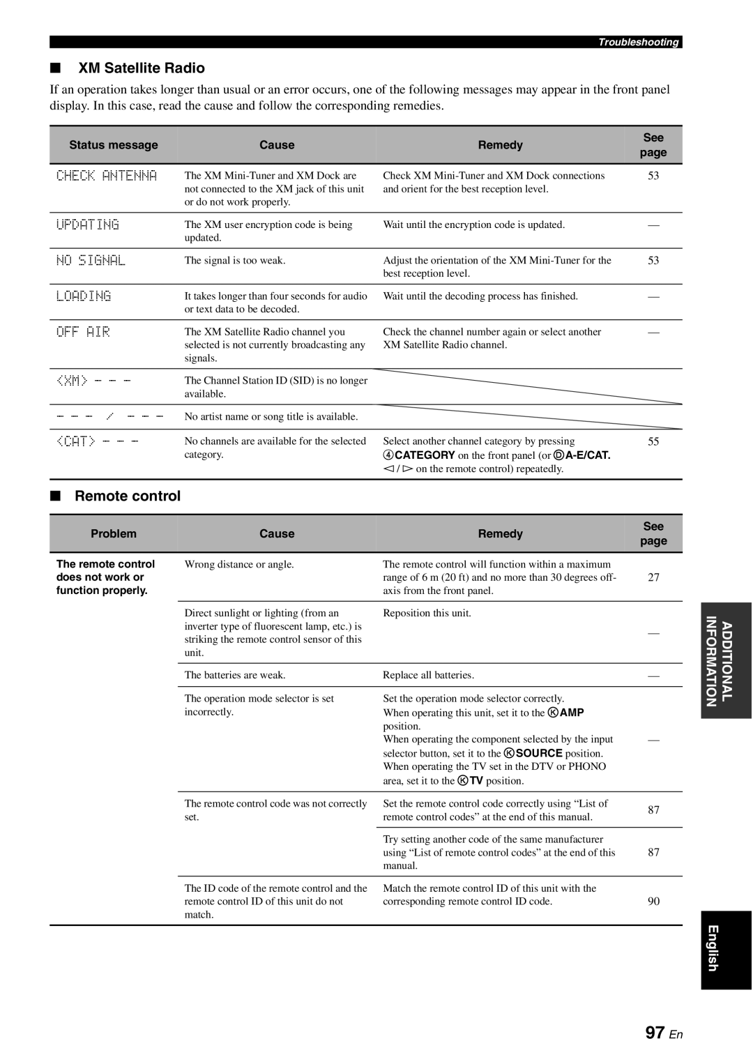 Yamaha HTR-6060 owner manual 97 En, XM Satellite Radio 