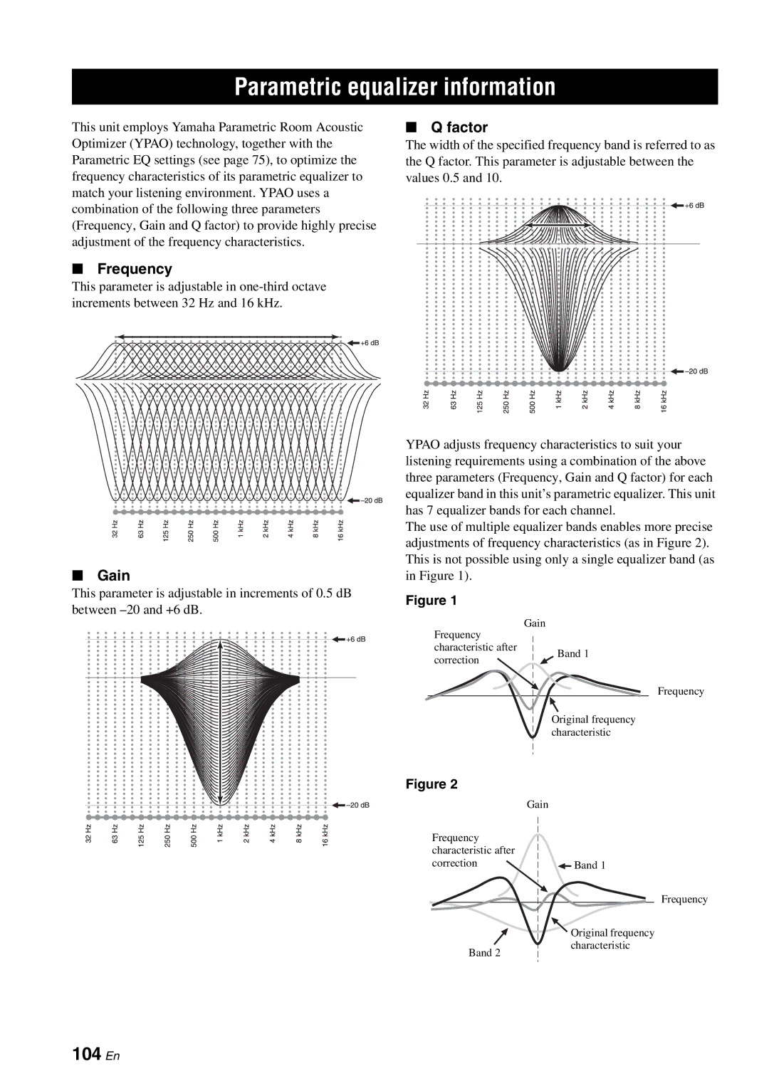 Yamaha HTR-6060 owner manual Parametric equalizer information, 104 En, Frequency, Factor, Gain 