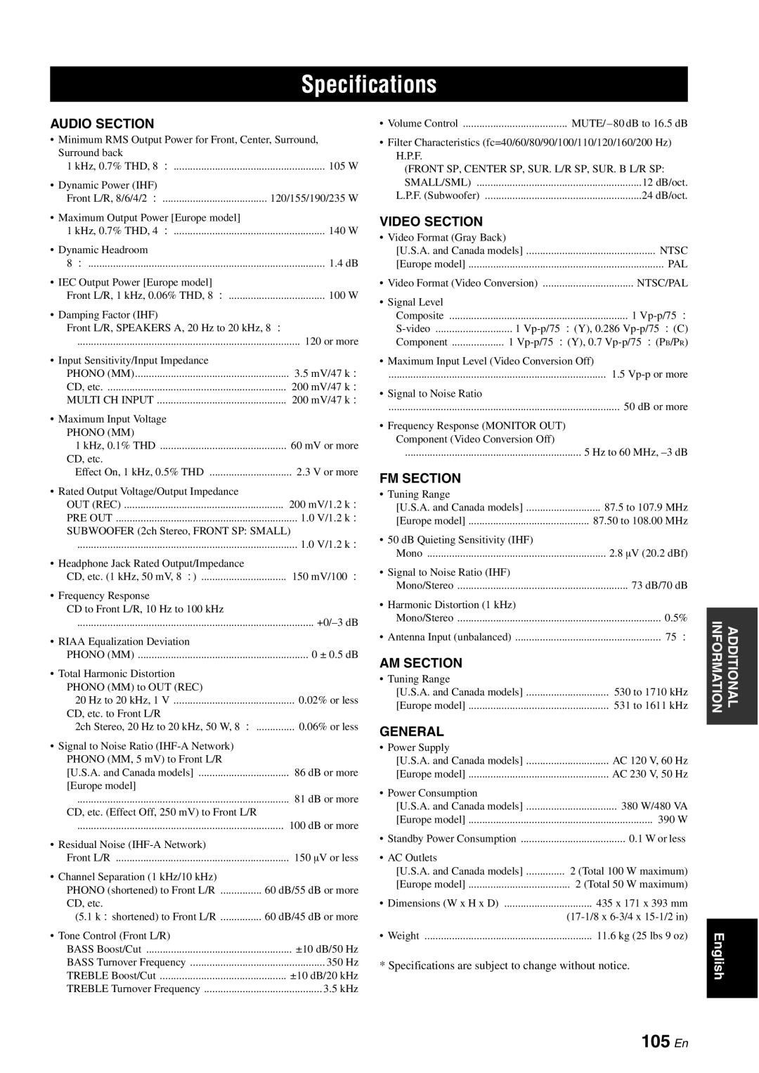 Yamaha HTR-6060 owner manual Specifications, 105 En 