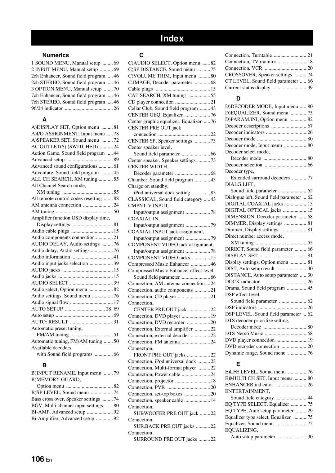 Yamaha HTR-6060 owner manual Index, 106 En, Numerics 