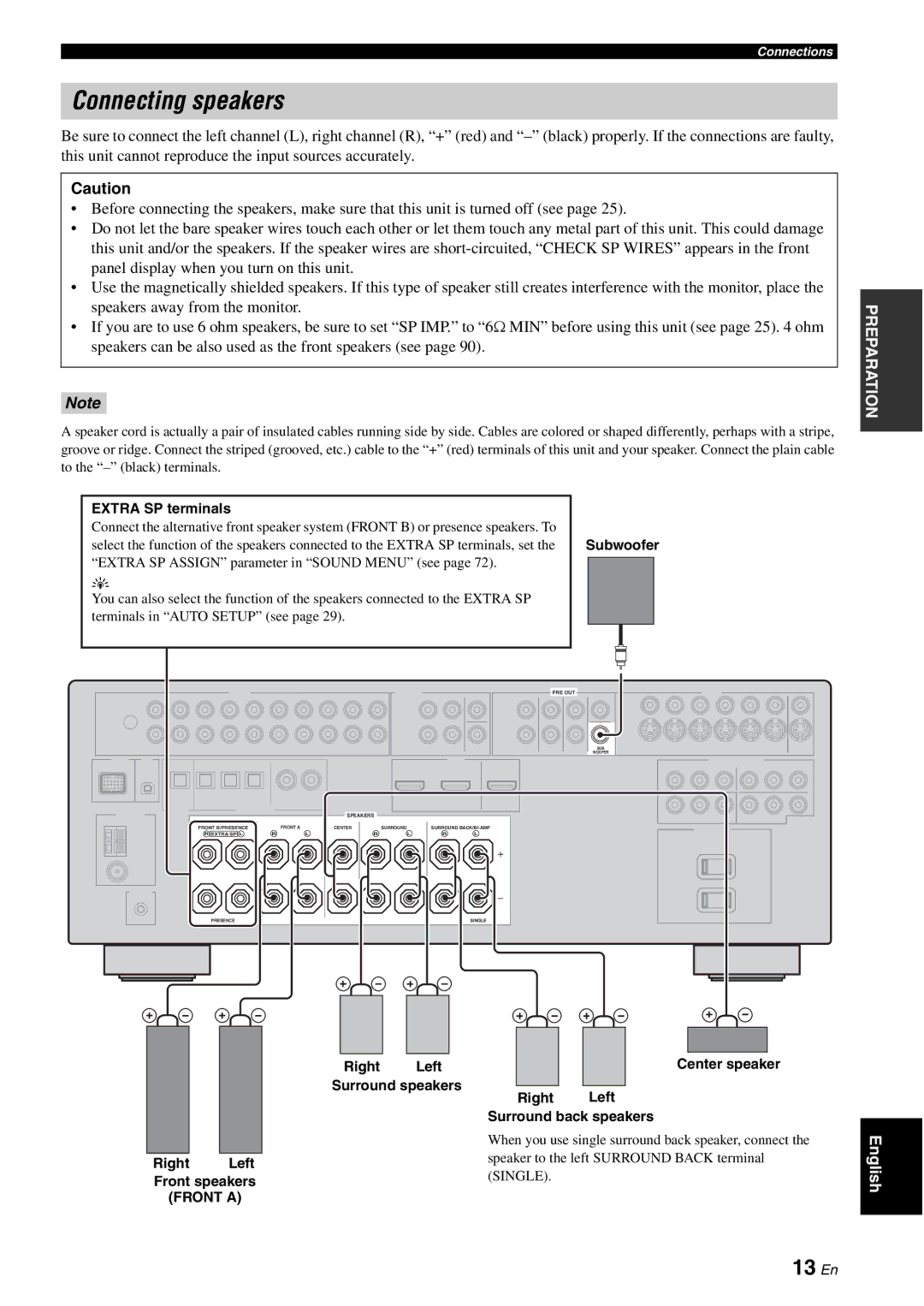 Yamaha HTR-6060 Connecting speakers, 13 En, Extra SP Assign parameter in Sound Menu see, Terminals in Auto Setup see 