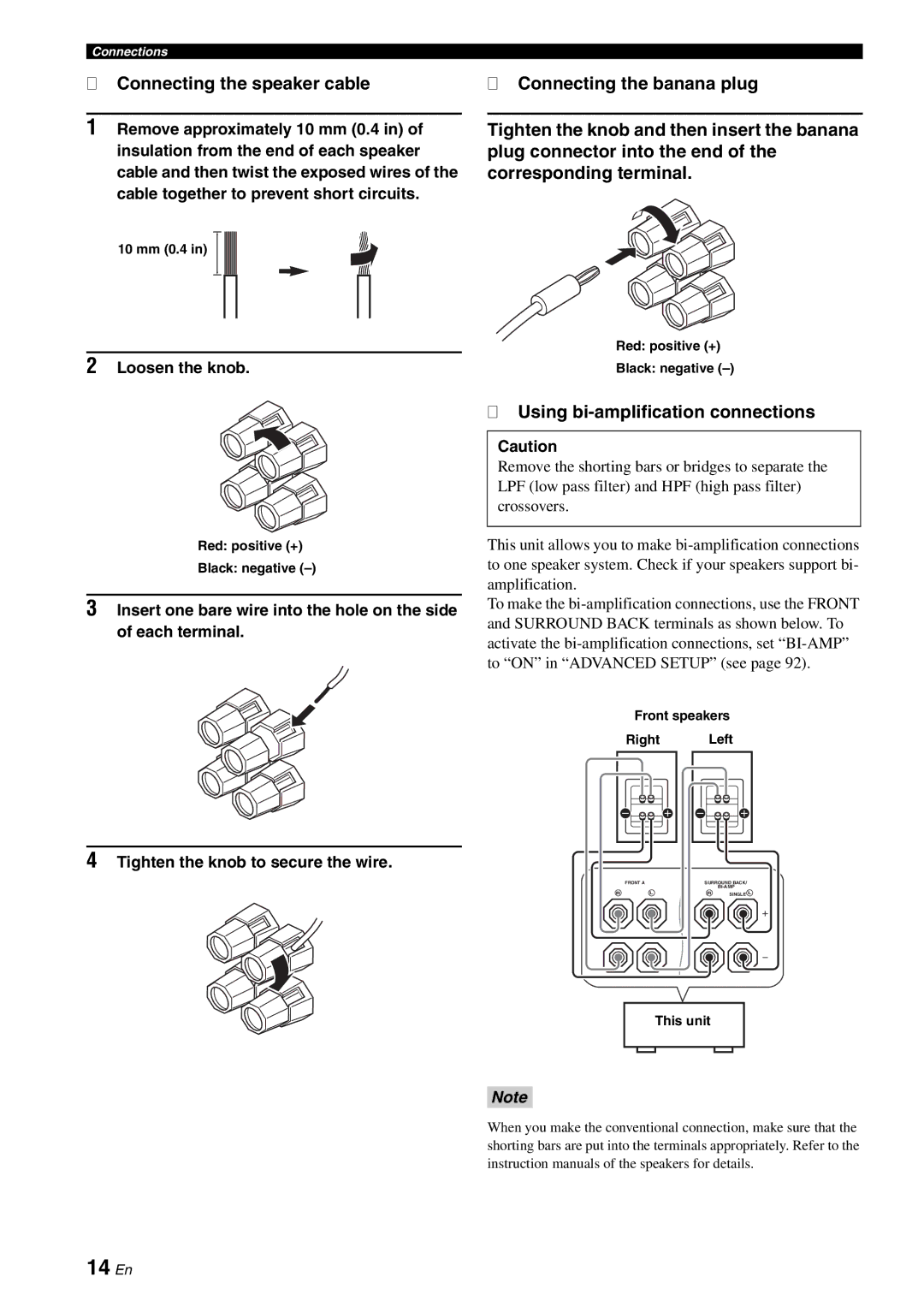 Yamaha HTR-6060 14 En, Connecting the speaker cable Connecting the banana plug, Using bi-amplification connections 