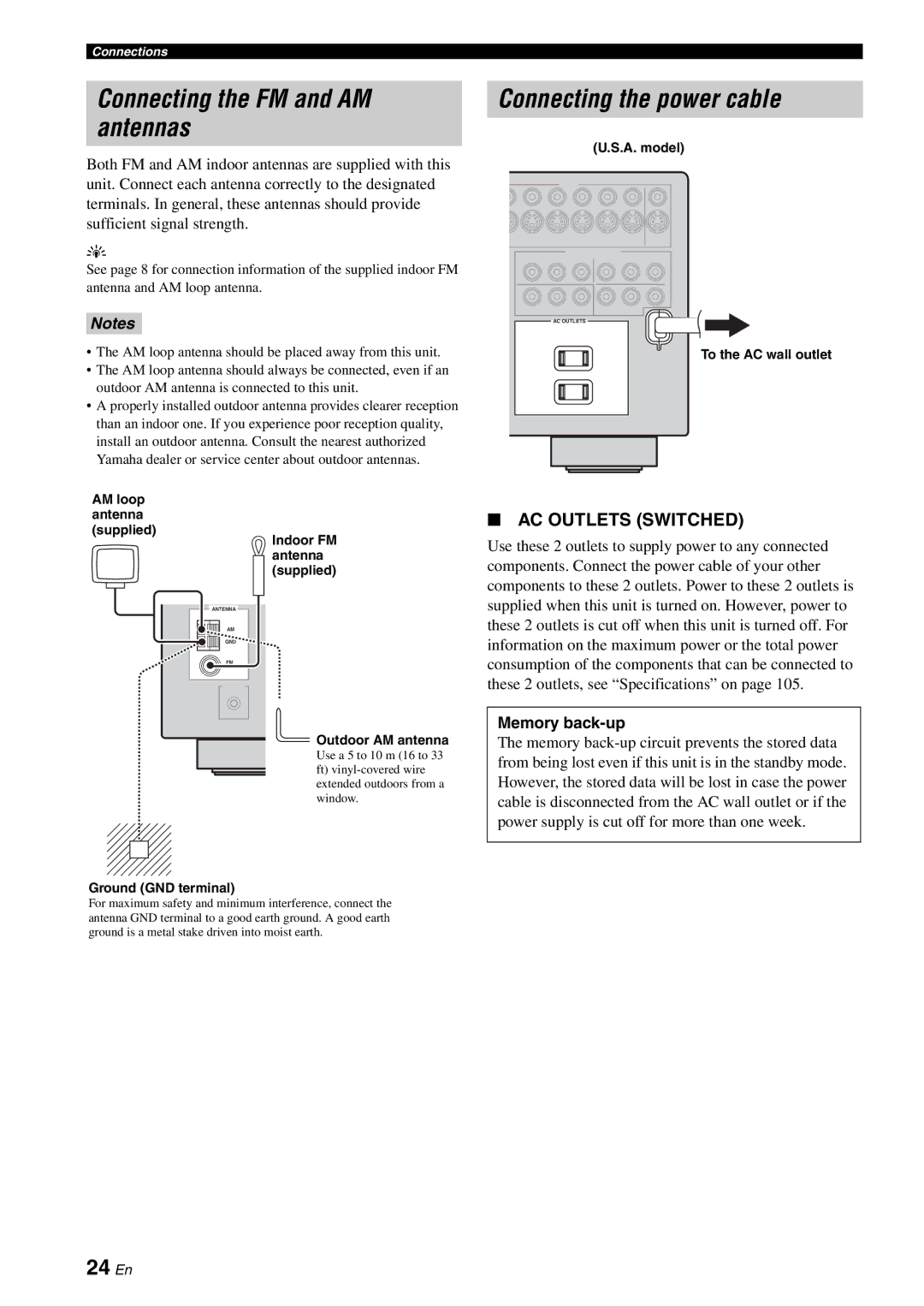 Yamaha HTR-6060 owner manual Connecting the FM and AM antennas, Connecting the power cable, 24 En, Memory back-up 