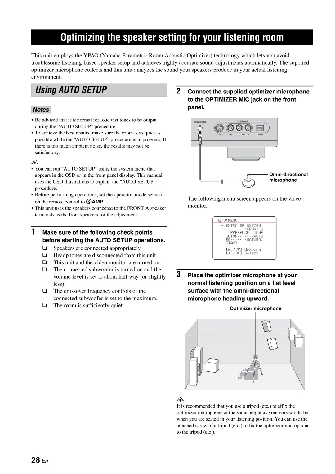 Yamaha HTR-6060 owner manual Optimizing the speaker setting for your listening room, Using Auto Setup, 28 En 