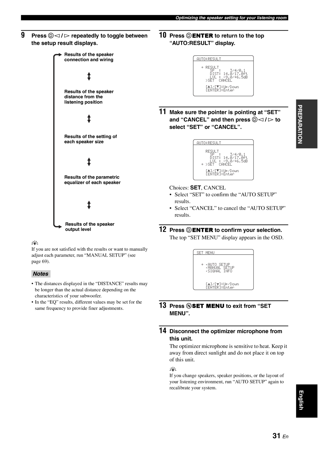 Yamaha HTR-6060 31 En, Press Denter to return to the top Autoresult display, Make sure the pointer is pointing at SET 