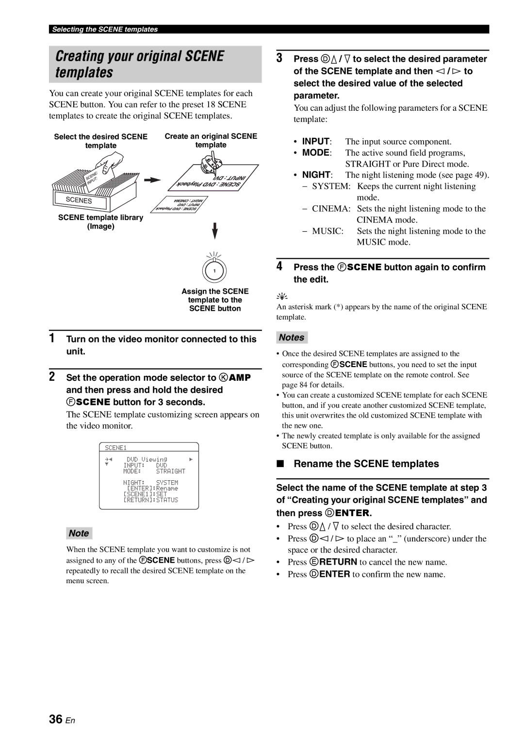 Yamaha HTR-6060 owner manual Creating your original Scene templates, 36 En, Rename the Scene templates 