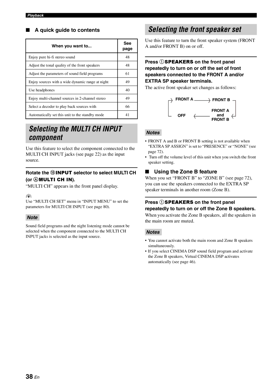 Yamaha HTR-6060 Selecting the Multi CH Input component, Selecting the front speaker set, 38 En, Quick guide to contents 