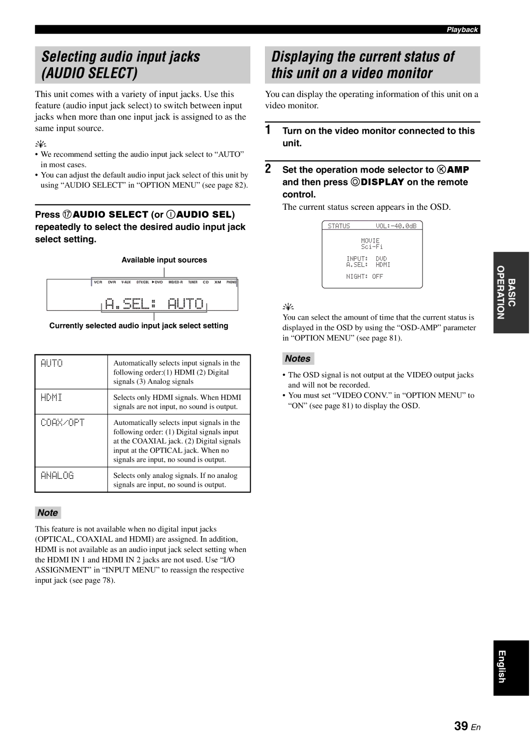 Yamaha HTR-6060 owner manual Selecting audio input jacks, 39 En 