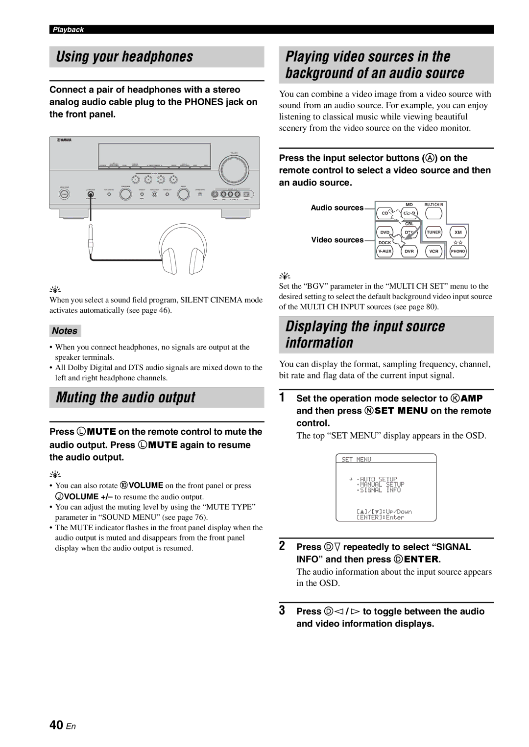 Yamaha HTR-6060 owner manual Using your headphones, Muting the audio output, Displaying the input source information, 40 En 