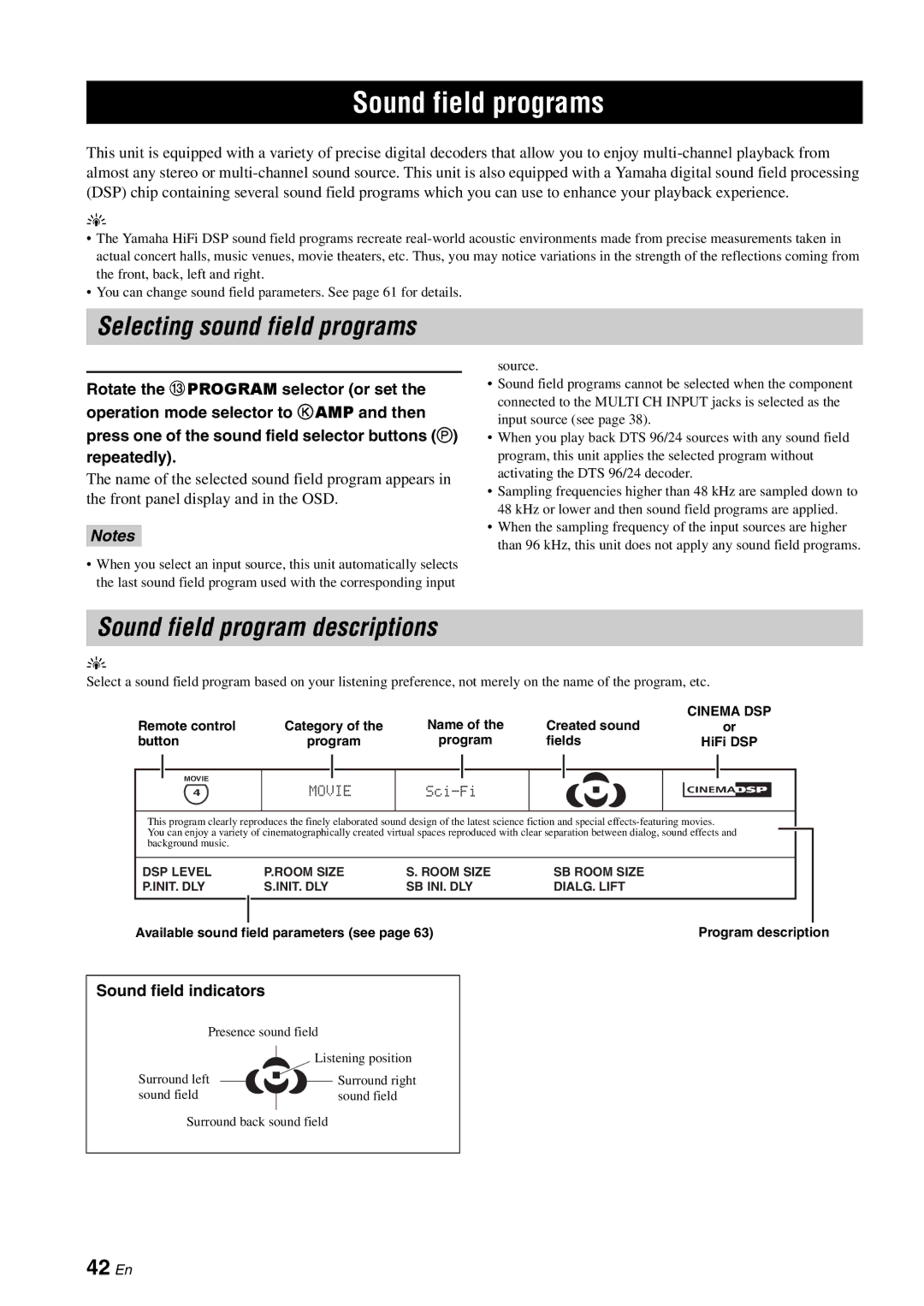 Yamaha HTR-6060 owner manual Sound field programs, Sound field program descriptions, 42 En 