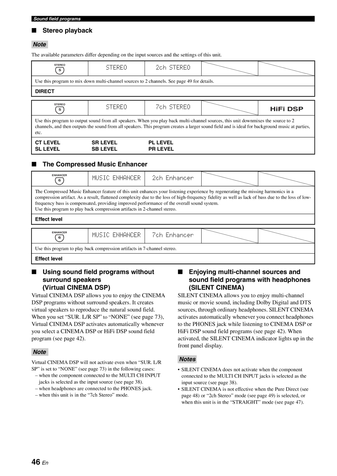 Yamaha HTR-6060 owner manual 46 En, Stereo playback, Compressed Music Enhancer 
