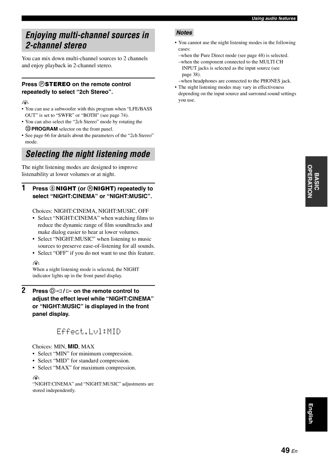 Yamaha HTR-6060 owner manual Enjoying multi-channel sources in 2-channel stereo, 49 En 