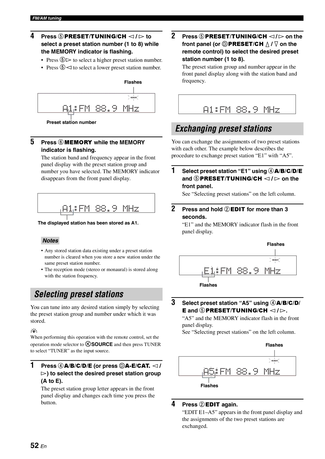 Yamaha HTR-6060 owner manual Selecting preset stations, Exchanging preset stations, 52 En 