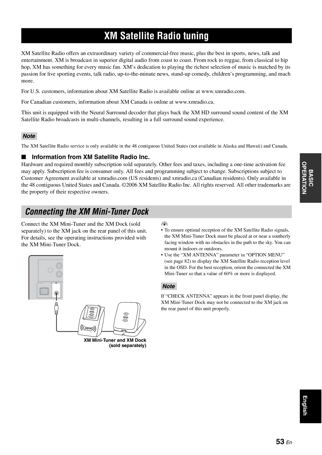 Yamaha HTR-6060 owner manual XM Satellite Radio tuning, 53 En, Information from XM Satellite Radio Inc 