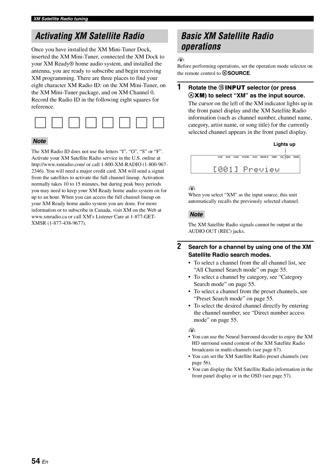 Yamaha HTR-6060 owner manual Activating XM Satellite Radio, Basic XM Satellite Radio operations, 54 En 