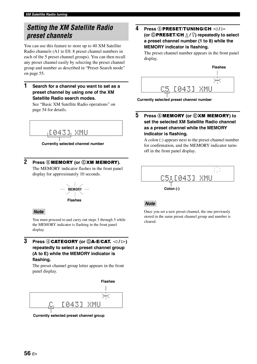 Yamaha HTR-6060 owner manual Setting the XM Satellite Radio preset channels, 56 En 