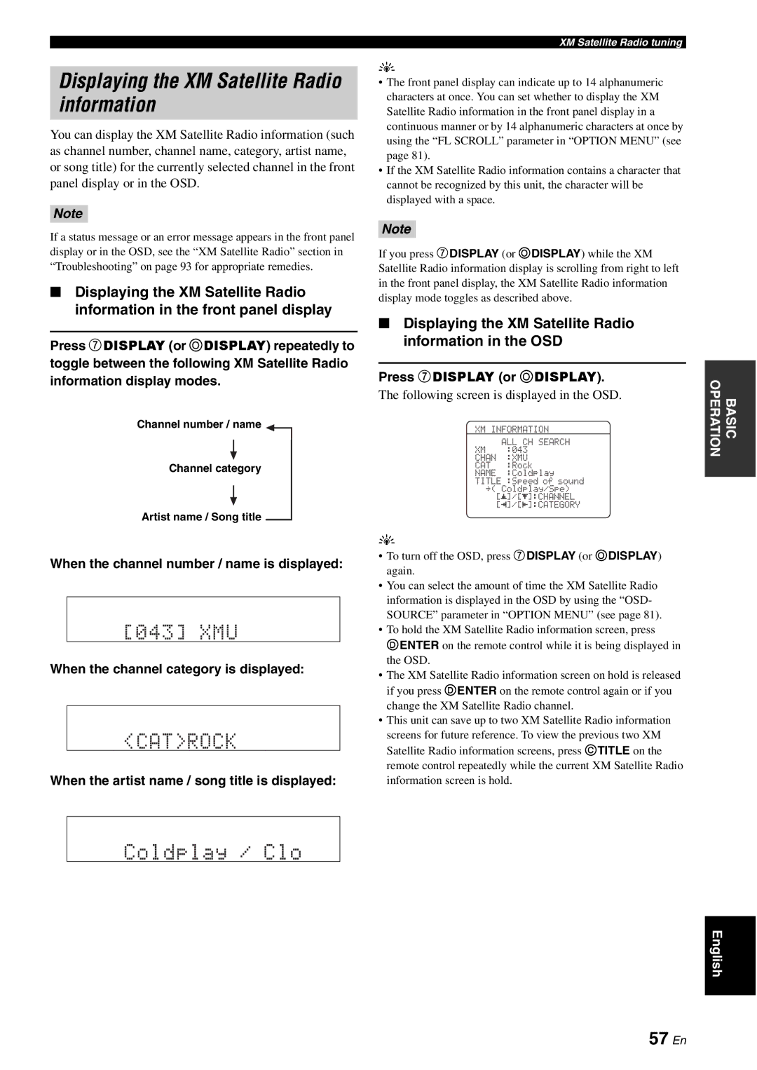 Yamaha HTR-6060 owner manual Displaying the XM Satellite Radio information, 57 En 