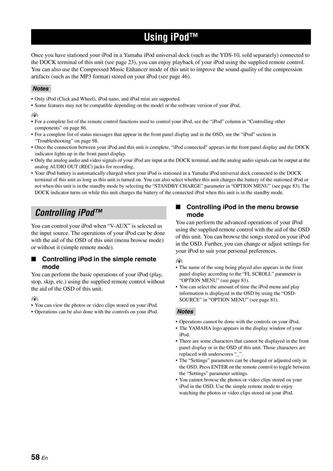 Yamaha HTR-6060 owner manual Using iPod, 58 En, Controlling iPod in the simple remote Mode 