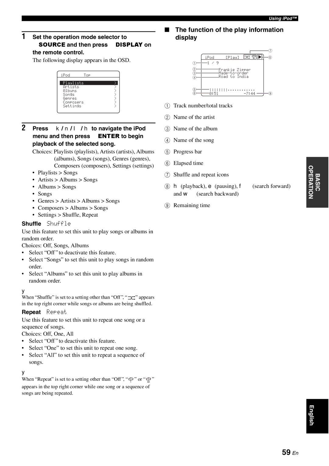 Yamaha HTR-6060 59 En, Function of the play information display, Following display appears in the OSD, Shuffle Shuffle 