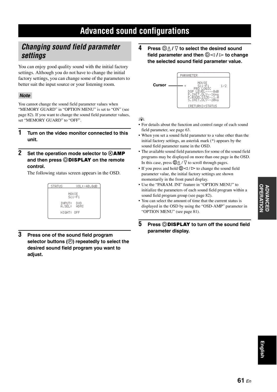 Yamaha HTR-6060 owner manual Advanced sound configurations, Changing sound field parameter settings, 61 En 