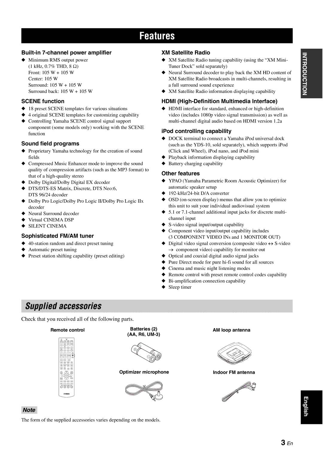 Yamaha HTR-6060 owner manual Features, Supplied accessories 