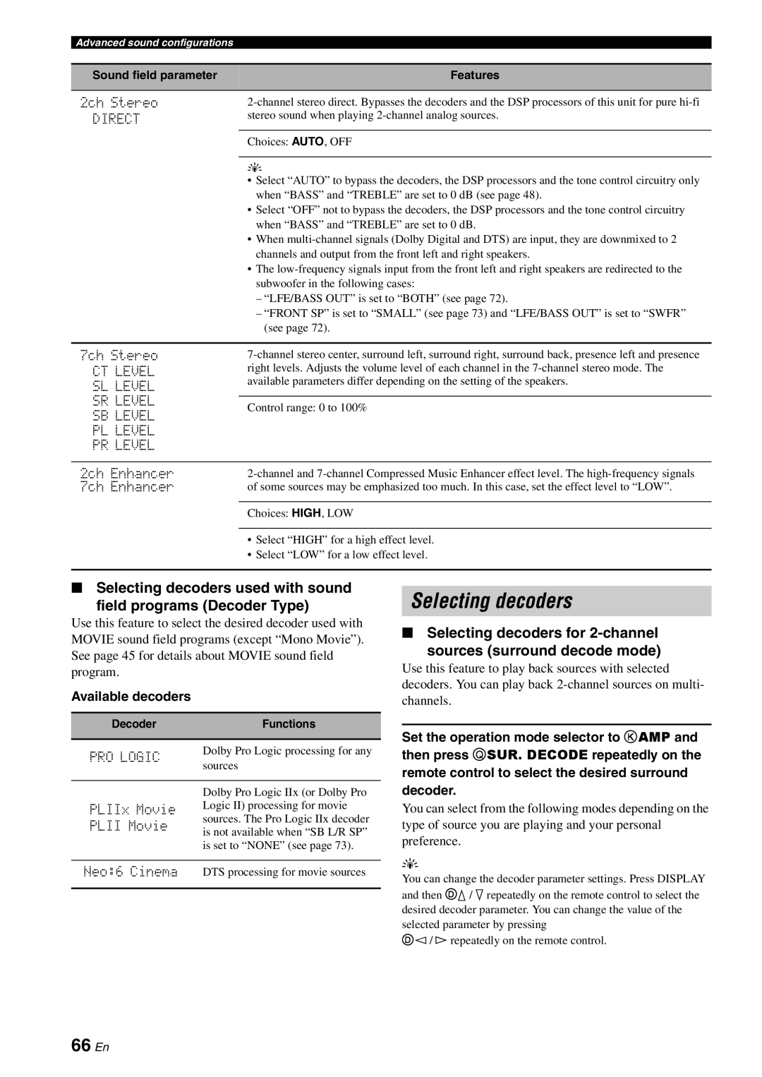 Yamaha HTR-6060 owner manual Selecting decoders, 66 En, Available decoders 