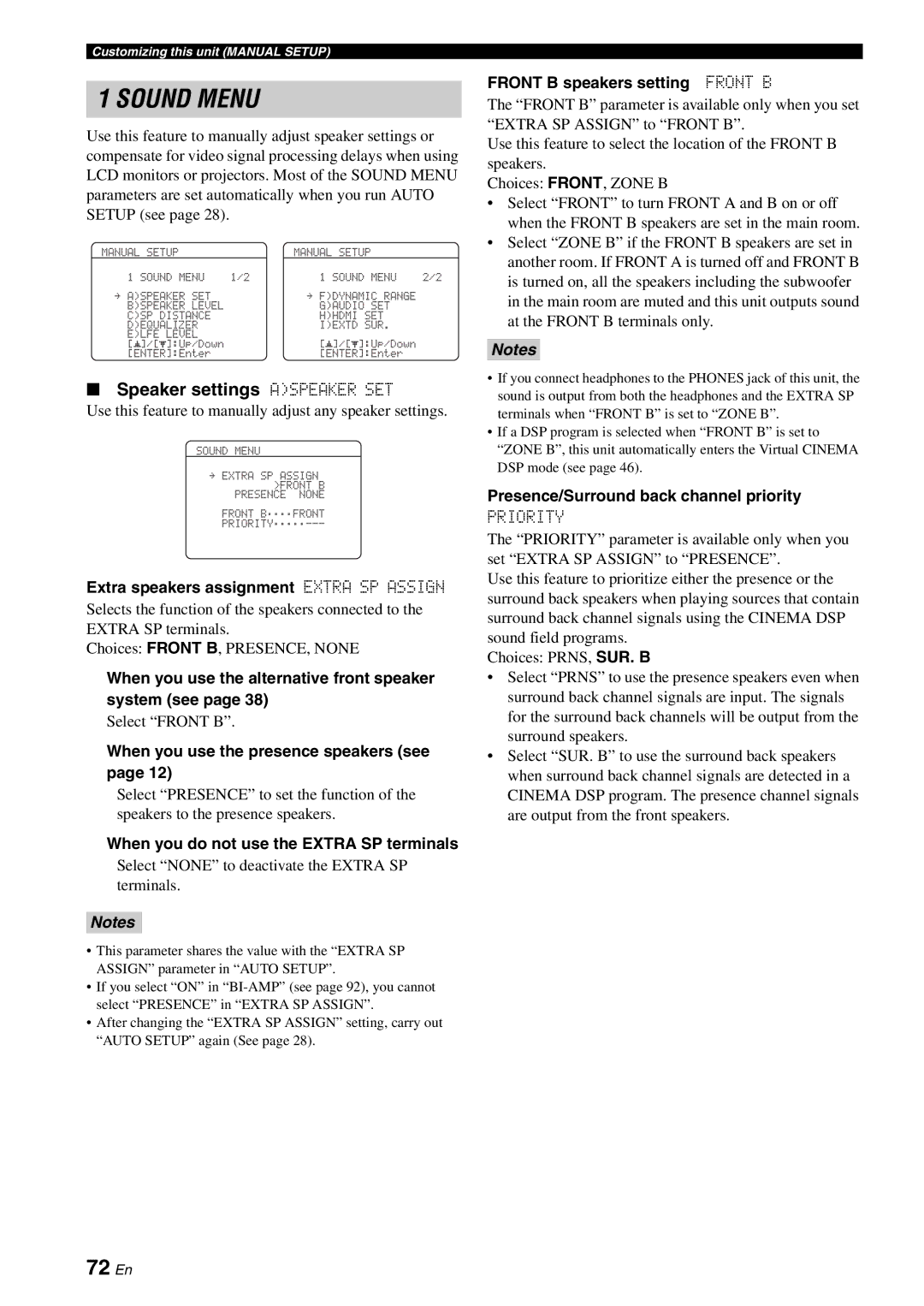 Yamaha HTR-6060 owner manual 72 En, Speaker settings Aspeaker SET, Extra speakers assignment Extra SP Assign 