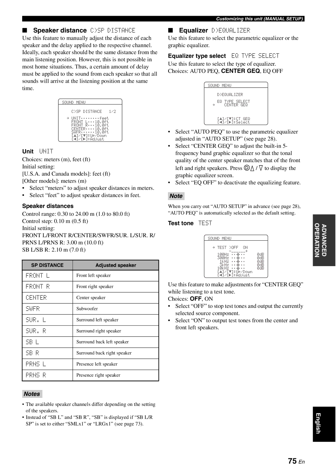 Yamaha HTR-6060 owner manual 75 En, Speaker distance CSP Distance 