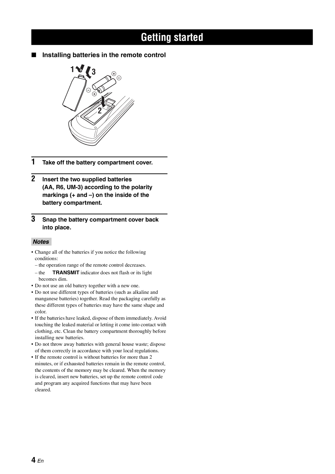 Yamaha HTR-6060 owner manual Getting started, Installing batteries in the remote control 