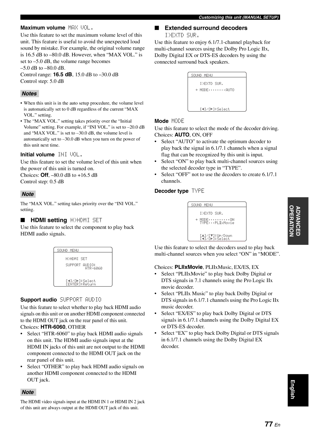 Yamaha HTR-6060 owner manual 77 En, Hdmi setting Hhdmi SET, Extended surround decoders 