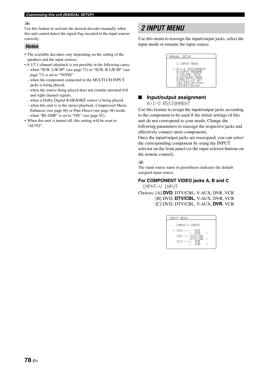 Yamaha HTR-6060 owner manual 78 En, Input/output assignment, For Component Video jacks A, B and C, CMPNT-V Input 