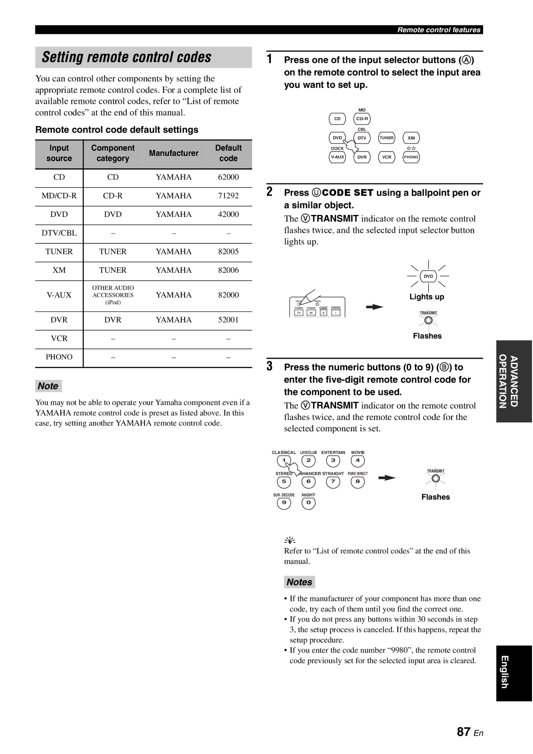 Yamaha HTR-6060 owner manual Setting remote control codes, 87 En, Remote control code default settings 