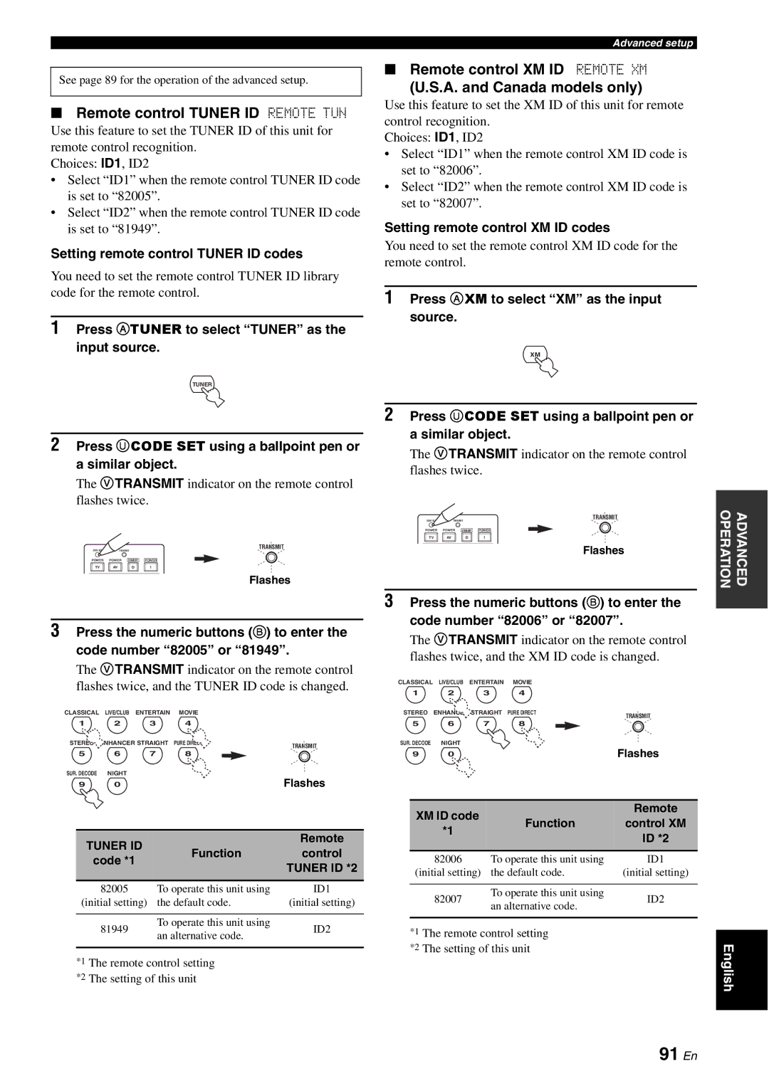 Yamaha HTR-6060 91 En, Remote control Tuner ID Remote TUN, Remote control XM ID Remote XM A. and Canada models only 