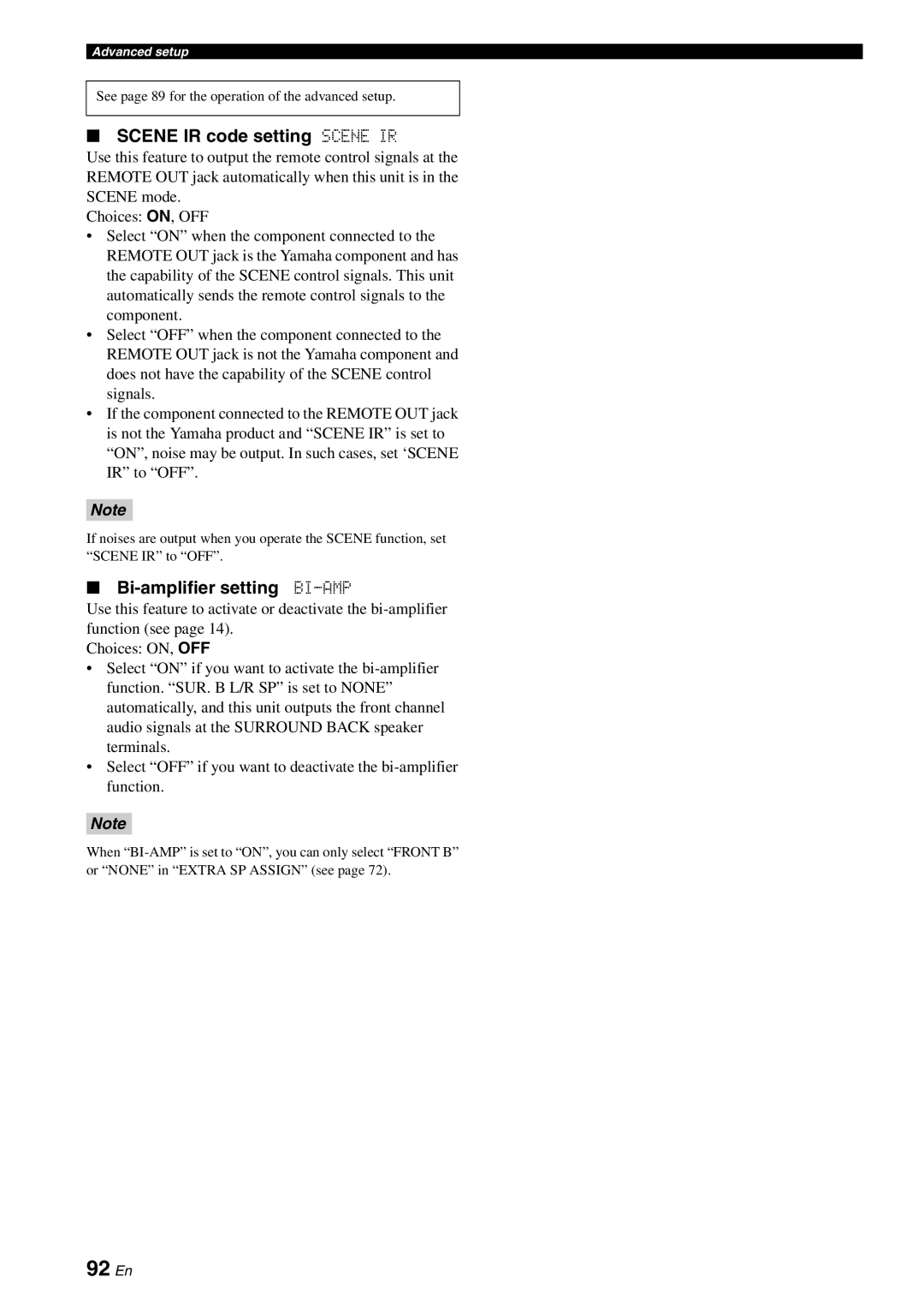 Yamaha HTR-6060 owner manual 92 En, Scene IR code setting Scene IR, Bi-amplifier setting BI-AMP 