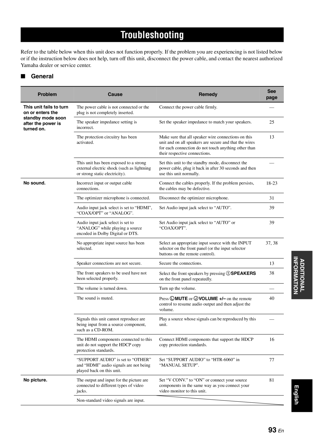 Yamaha HTR-6060 owner manual Troubleshooting, 93 En, General 