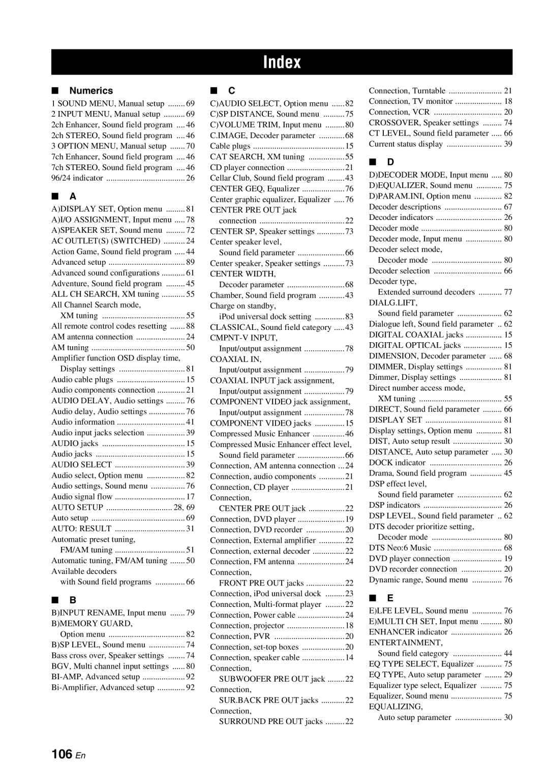 Yamaha HTR-6060 owner manual Index, 106 En, Numerics 