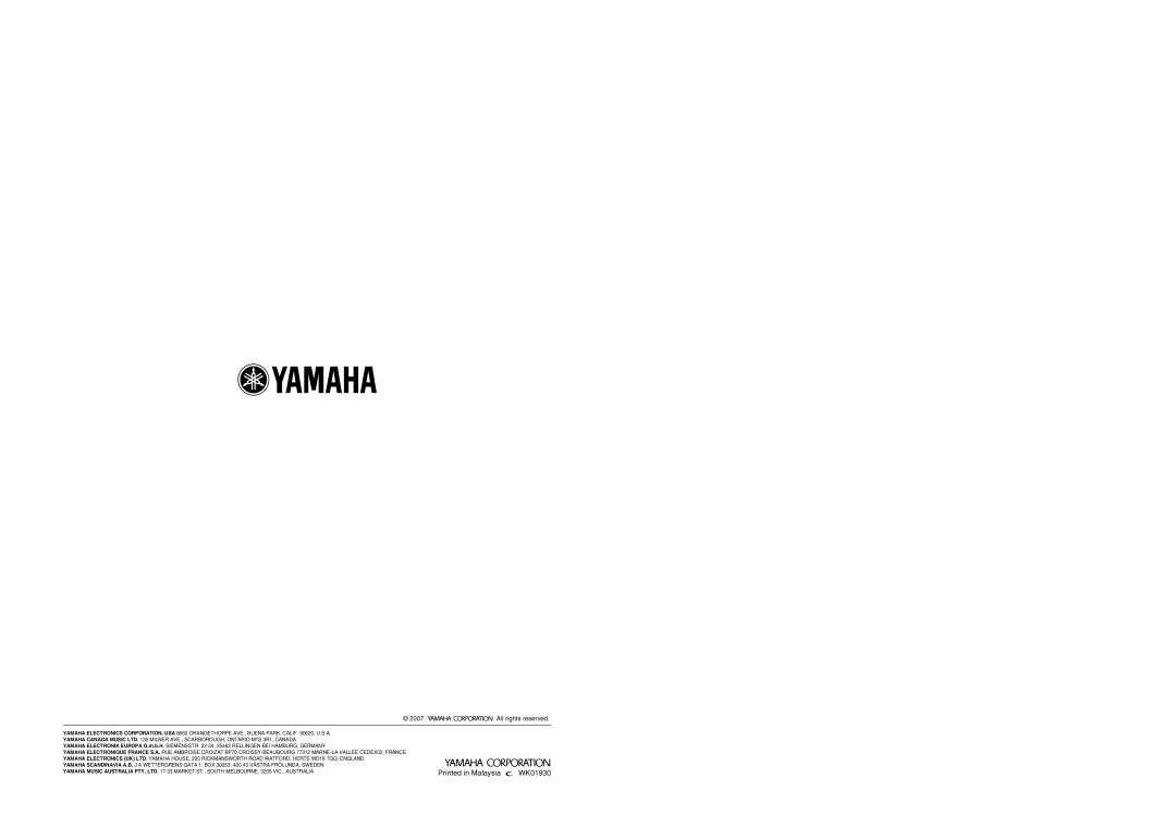Yamaha HTR-6060 owner manual Printed in Malaysia, WK01930, All rights reserved 